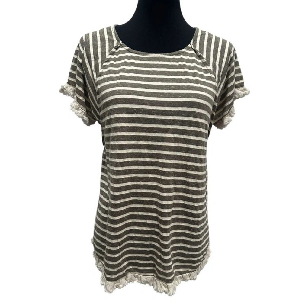 Umgee Striped Fringe Hem Short Sleeve Casual Top Womens Size Small